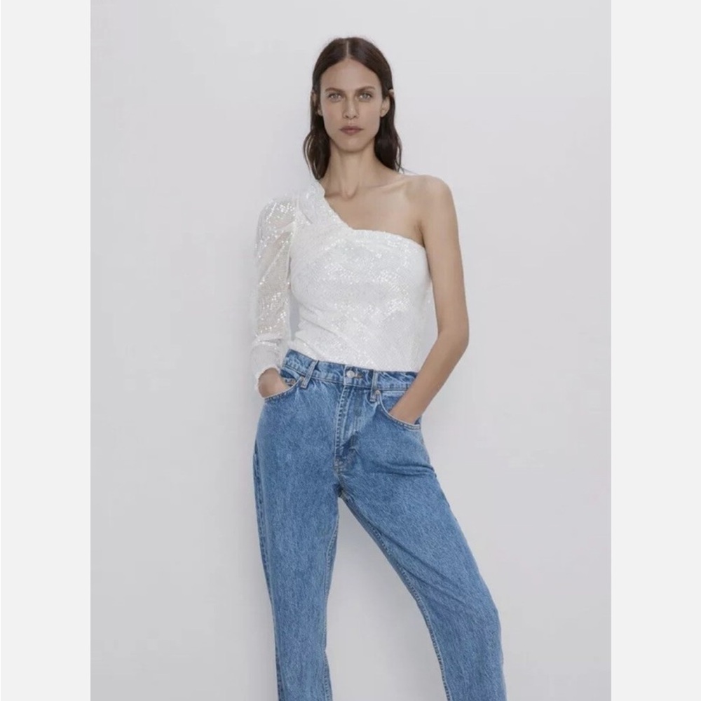Zara Sequin Assymetric White Top